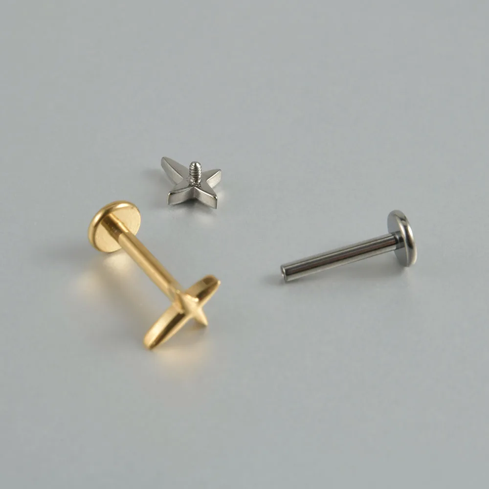 1Pc G23 Titanium Hexagram Star Earring Lobe Stud Sun Cross Zircon Inner Screw Helix Tragus Cartilage Labret Piercing Jewelry
