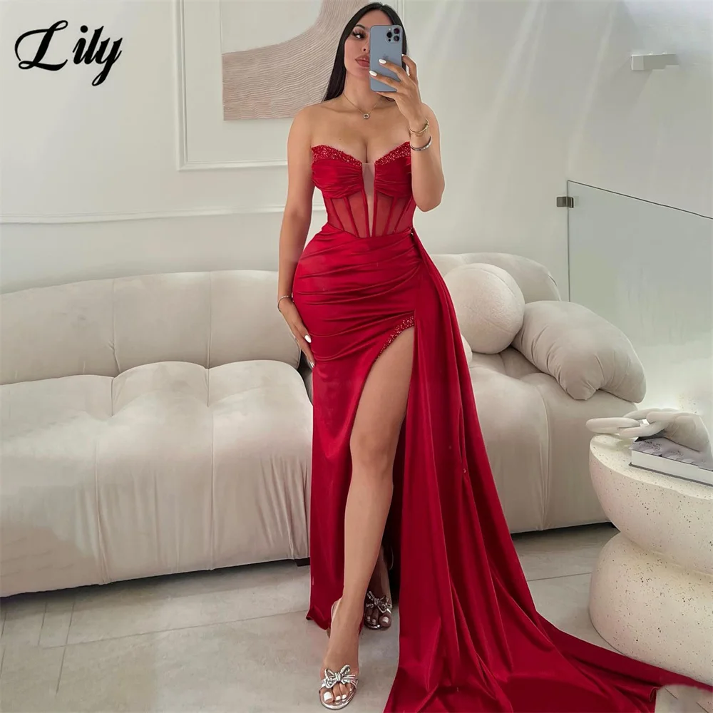 Lily Fuchsia Prom Dress Sweetheart Sleeveless Evening Dress With Sheer Corset Satin Party Dress Sexy Side Split Trumpet 프롬드레스