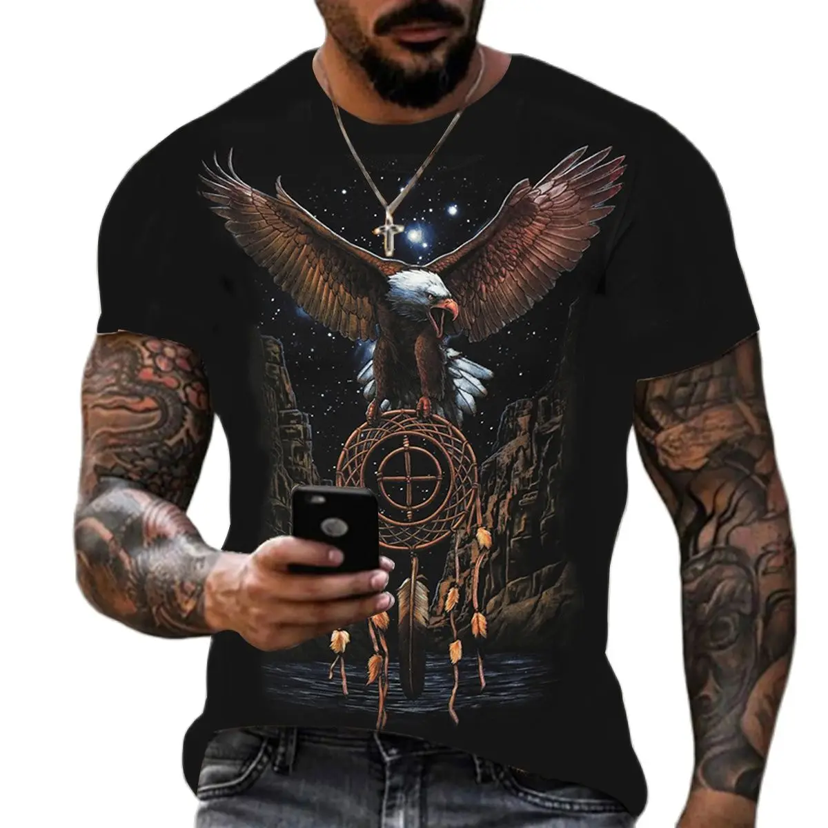 Camiseta masculina plus size com estampa 3D de manga curta, solta e casual, macia, confortável e respirável, adequada para esportes ao ar livre