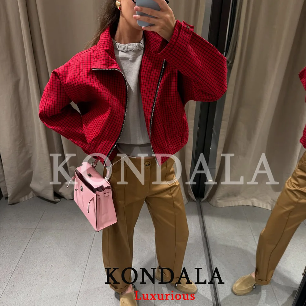 KONDALA High Street Casual Chic Red Women Bomber Jacket Plaid Stand Collar Zipper Loose Jacket Fashion 2026 Autumn Winter Jacket