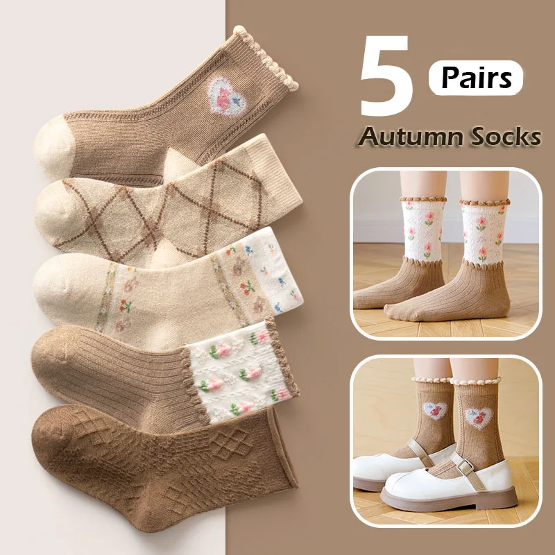 

5 Pairs Children Socks Spring Autumn Cartoon Flowers Pattern Socks Girls Calf Length Winter Cotton Socks