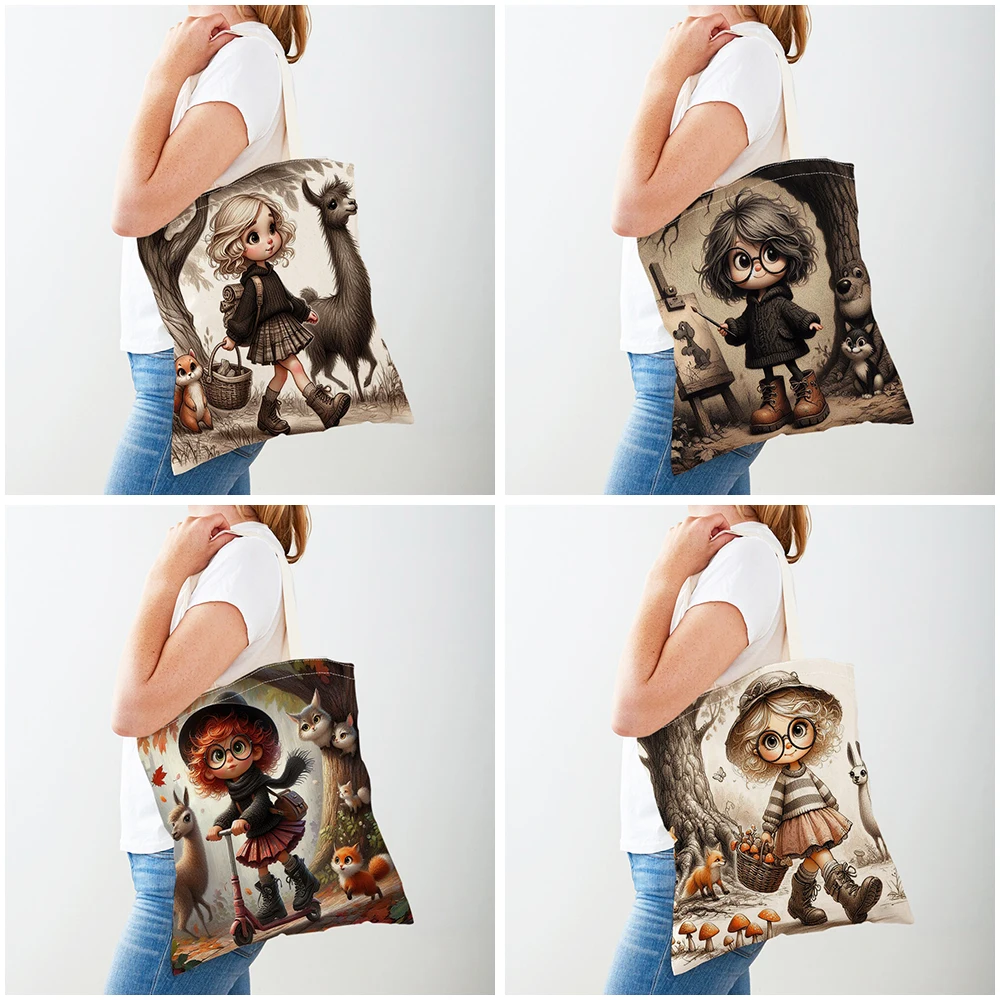 Canvas Women Shopper Bag Cute Cartoon Girl Shopping Bags Double Print Reusable Foldable Children Gift Travel Lady Tote Handbag