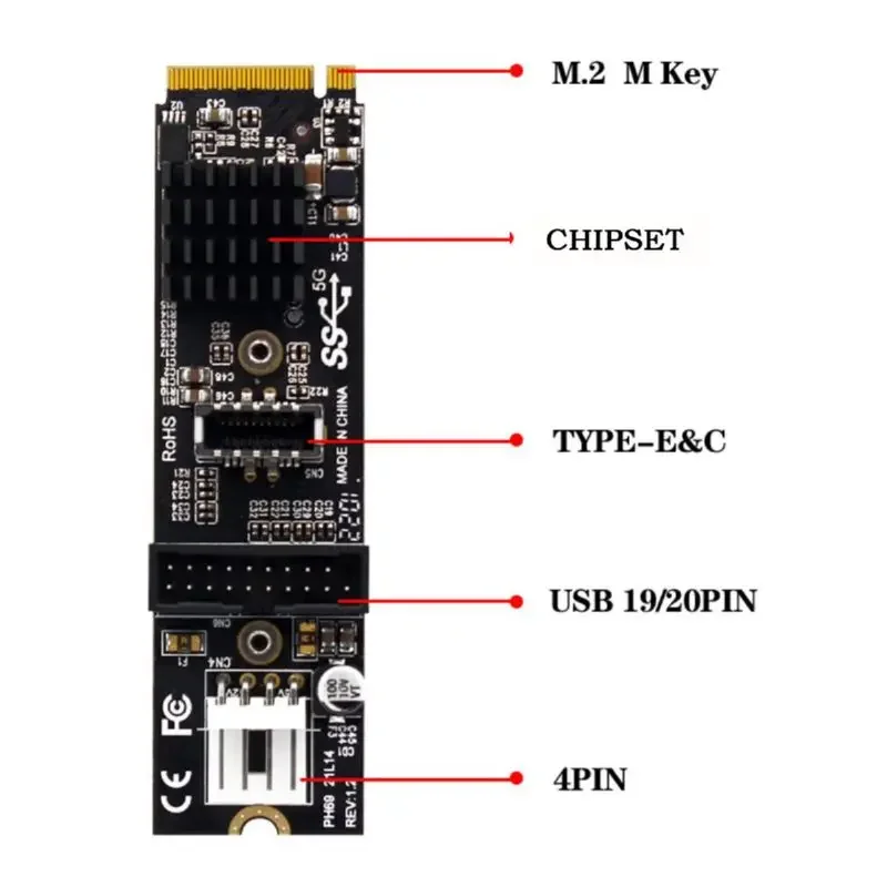 جديد لـ NVME M.2 M-Key PCIe إلى أمامي USB3.1 5Gbps TYPE-E + 20P IDC بطاقة توسيع USB3.0 NGFF بطاقة محول M.2 إلى ثنائي 20pin
