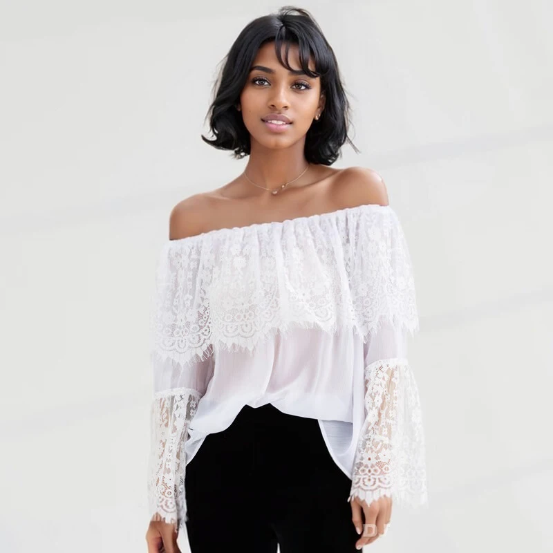 

Elegant Lace Off-Shoulder Top Women's Hollow Sexy Long-Sleeved Shirt Chiffon Shirt