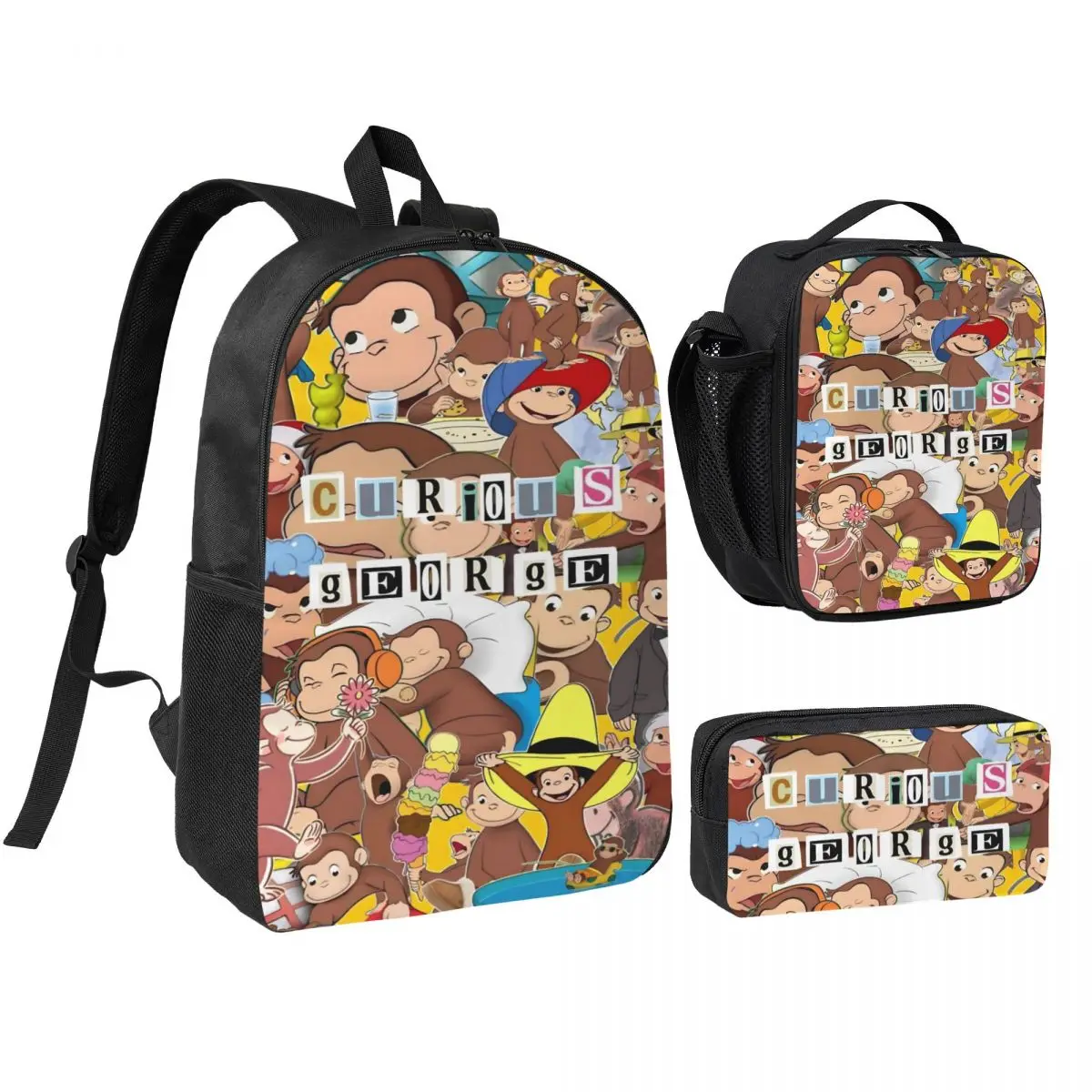 3Pcs Curious George African Monkey Backpack Set for Girls Boys Pen Bags Bookbag Sets with Lunch Box For School Students Daypack