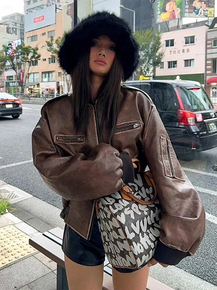 Vintageหนังเสื้อแจ็คเก็ตเครื่องบินทิ้งระเบิดผู้หญิงลําลองกระเป๋าซิปแขนยาวCrop Coat 2024 ฤดูใบไม้ร่วงใหม่Lady High Street Outwears