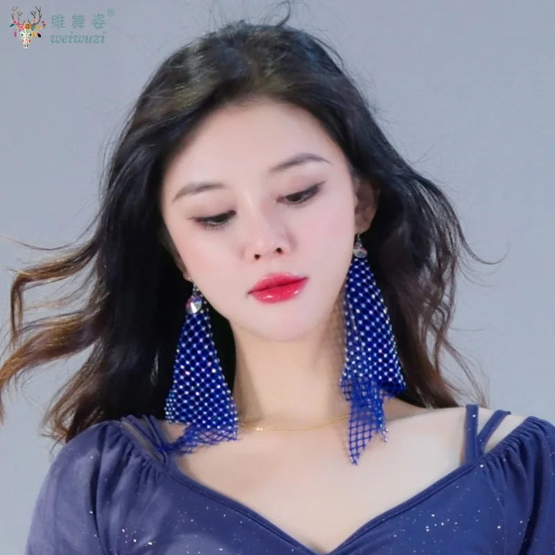 Belly Dance Competition Personality Net Earrings Accessories All Manual Diamond Earrings Latin Performance Clothing Ornament