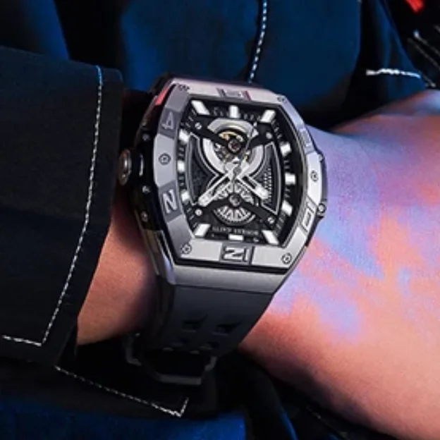 BONEST GATTI Men Automatic Watch 42mm Tonneau Mechanical Wristwatch 50m Waterproof Sapphire Luminous Skeleton Dial