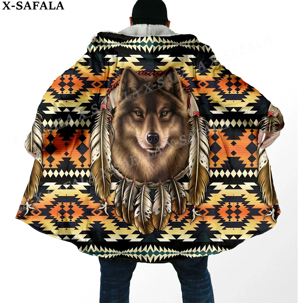 Elegant Native Wolf Spirit Totems Arts Thick Warm Hooded Cloak Men Overcoat Coat Windproof Fleece Cape Robe Hooded Blanket-2