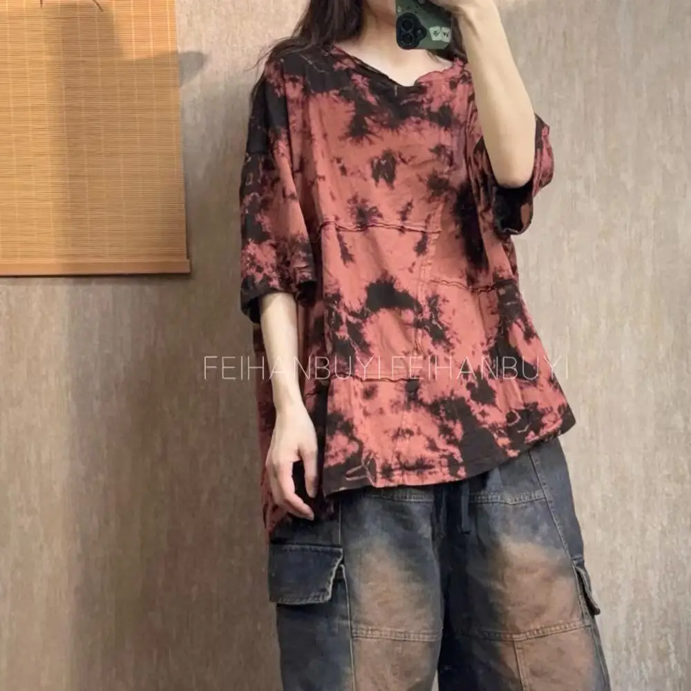 2026 Summer New Arts Style Women O-neck Loose Tees Shirt 100% Cotton Vintage Tie Dye Design Short Sleeve Casual T-shirt F69