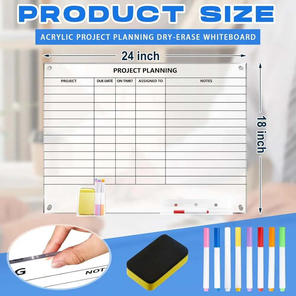 لوح مسح جاف مثبت على الحائط من الأكريليك الشفاف مقاس 24 × 18 مع علامات وممحاة للمكتب المنزلي وتخطيط الأسرة