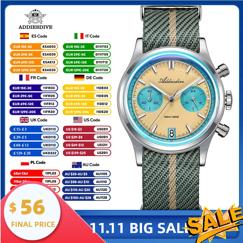 Addiesdive جديد AD2095 ساعات رجالية VK64 حركة كوارتز ساعة اليد مقاوم للماء 100 متر كرونوغراف AR طلاء 38 مللي متر ساعة فاخرة رجل