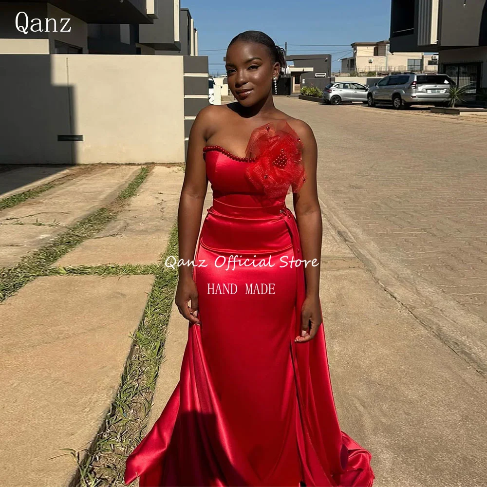 Qanz Red Evening Dress Satin Mermaid Pearls African Dresses for Women Wedding Guest Sexy Backless Vestidos De Fiesta Customized