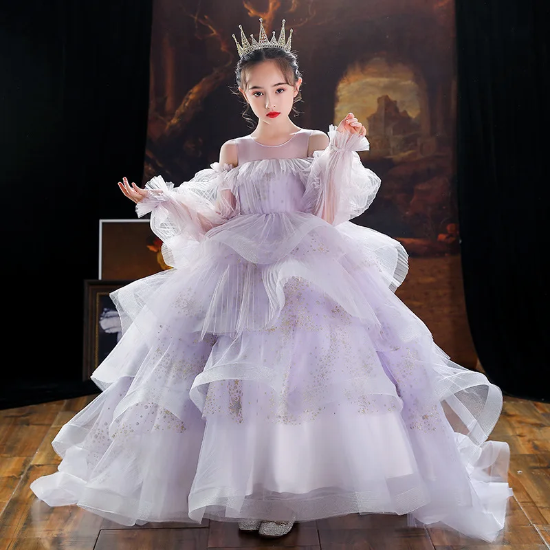 Children's Formal Dress Princess Dress Purple Girl Piano Performance Dress Host Evening Dress Stylish Catwalk Tail Dragging Domi