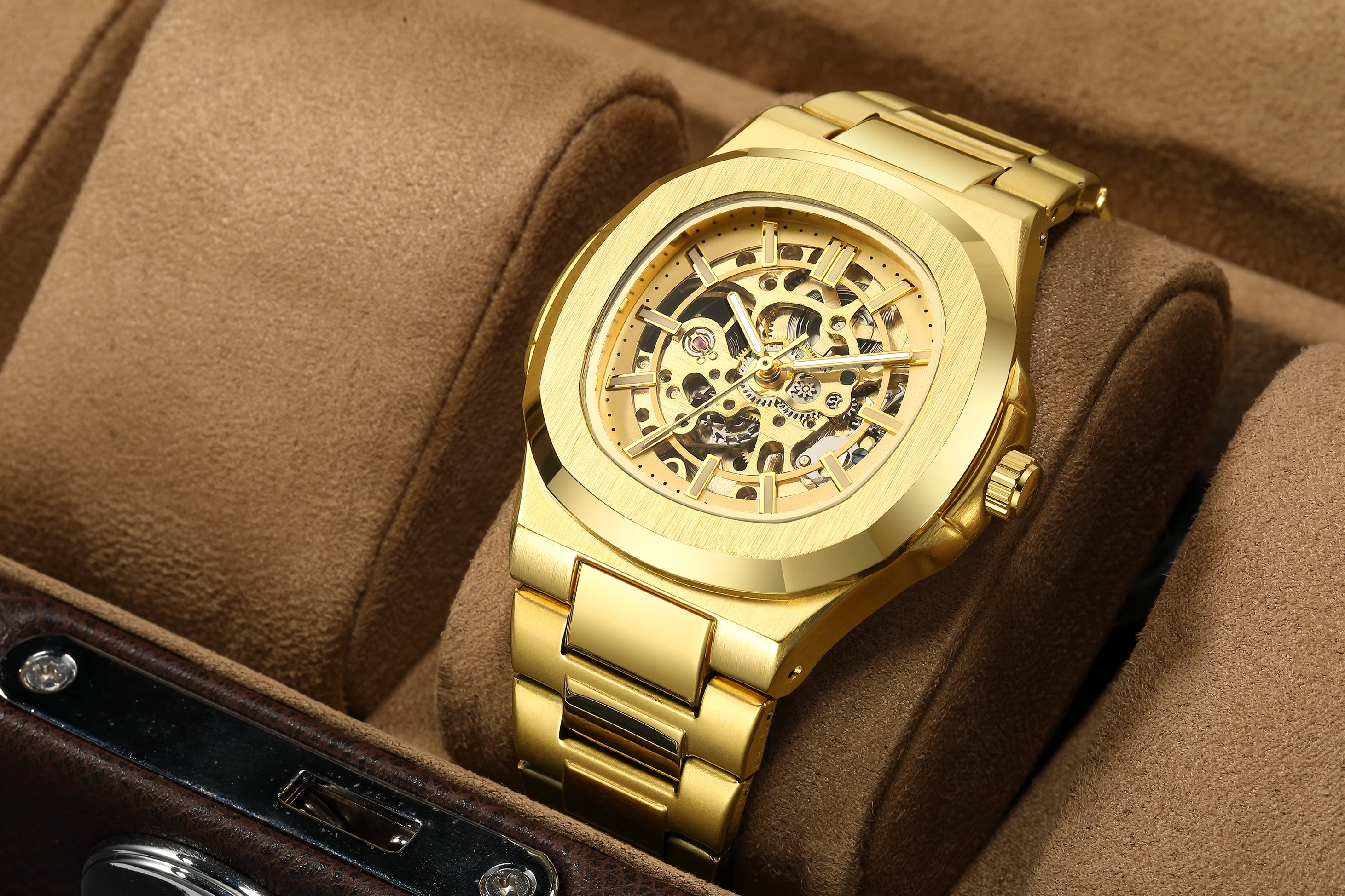 Herren Quarzuhr Mode Automatische Herrenuhr Edelstahl Wasserdicht Business Skelett-Uhr – Detail 12