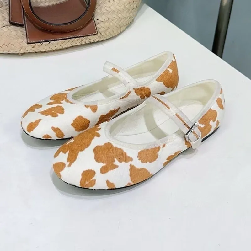 

Round Toe Fur leopard Print Mary Jane Shoes Women's One Word Buckle Strap Flat Shoes Summer Casual Versatile Single Shoes