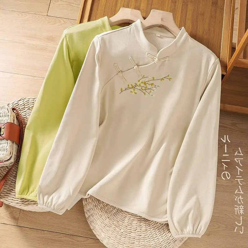 Elegant Chinese Style Long Sleeve Embroidered Shirt Women's Autumn Winter Qipao Reformed Retro Side Buttoned Top Fashionable ...
