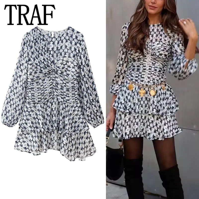 TRAF Print Ruffle Mini Dress Women Ruched Vintage Short Dresses Woman Elegant Party Dresses 2024 Long Sleeve Summer Dresses