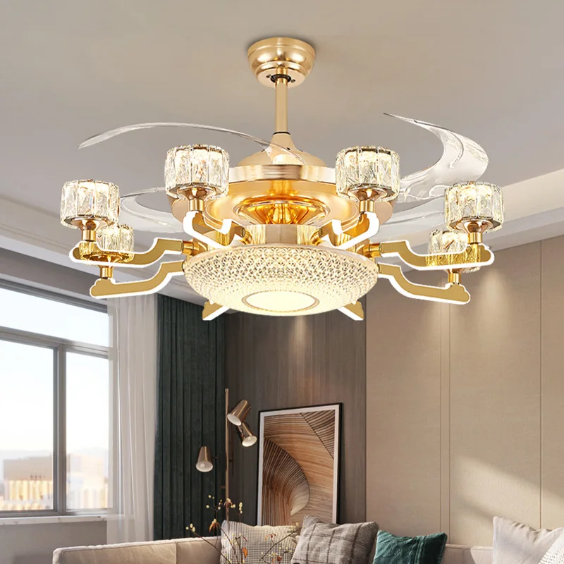 Very Luxury Golden K9 Crystal Fan with Light Villa Living Room Dining Room Indoor Bedroom Luxury Sense High Wind Power