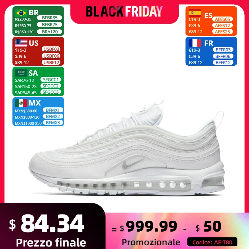 Nike Original Air Max 97 Low Men's and Women's Casual Running Shoes Breathable Comfortable Sneakers Cushioning Wearable White