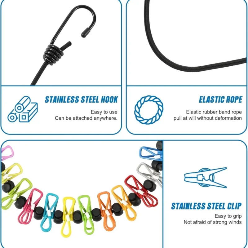 Elastic Windproof Clothesline with 12 Built-in Anti-Wind Clips Adjustable Non-Slip Positioning Buckle Portable Laundry Rope for
