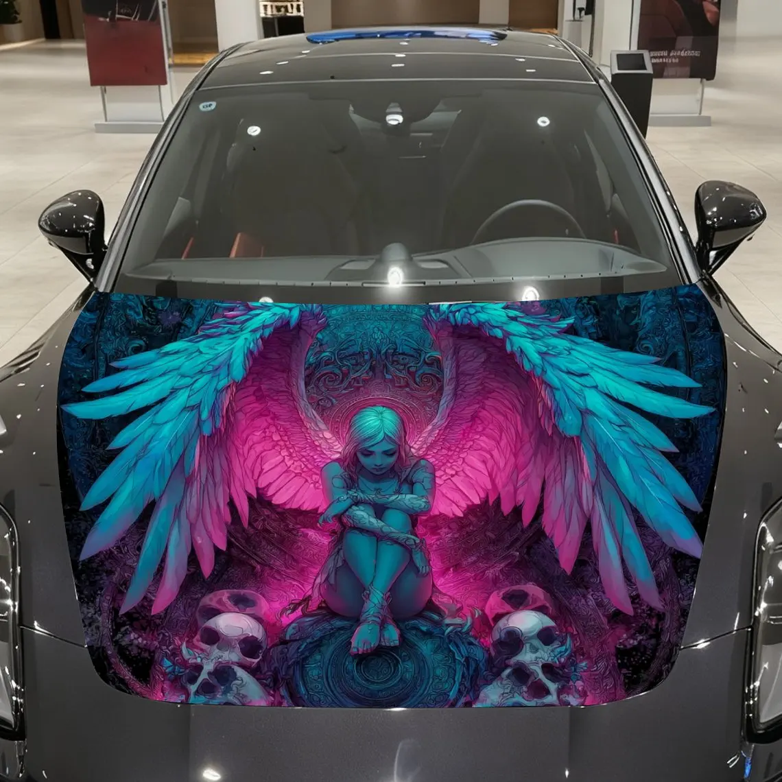 Girl with Blue - Pink Gradient Wings and Skulls Car Vinyl Wrap, PVC Material Waterproof Car Hood Sticker, Self-Adhesive Scratch-