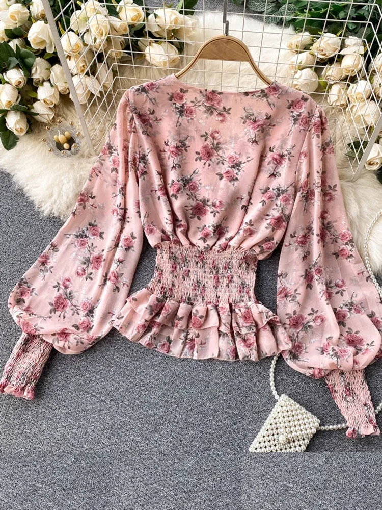 Spring New Chiffon Blouse Female Sweet Wood Ears Waist and Thin Blusa Temperament V-neck Slim Short Puff Sleeve Shirt C275