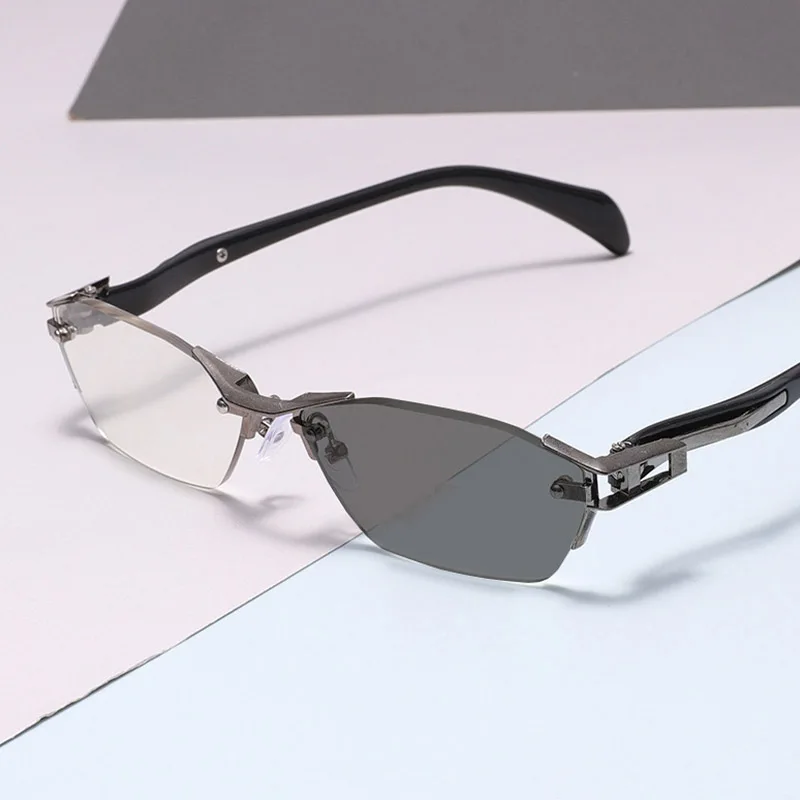 Unisex Rimless Photochromic Glasses, Diamond Cut Edge Metal Eyeglasses HD Anti Blue Light for Myopia