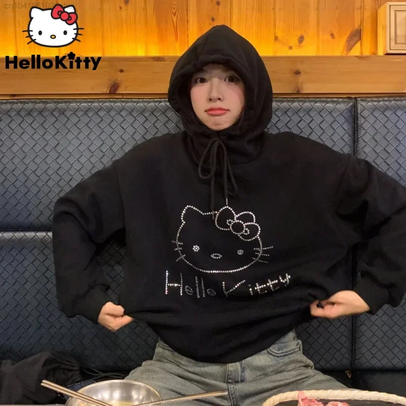 Sanrio Hello Kitty Rhinestone Hooded Sweatshirt 90s Fashion Clothes 2000s Aesthetic Korean Stylish Harajuku Black Hoodie Female