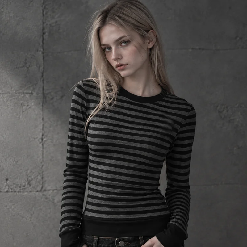 Autumn Women Y2K Black Gray Striped Long Sleeve T Shirt Back Grommet Detail Slim Fit Crew Neck Punk Gothic Streetwear Top