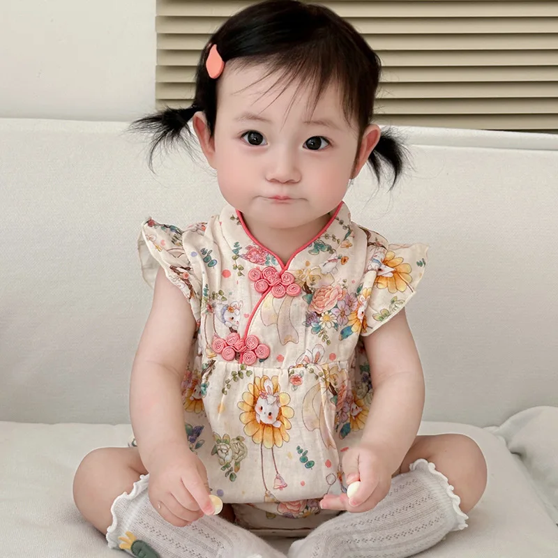 Baby Girl Dress, Summer Chinese Style Cute Girl Cheongsam Dress, Rabbit Flower Children\'S Dress