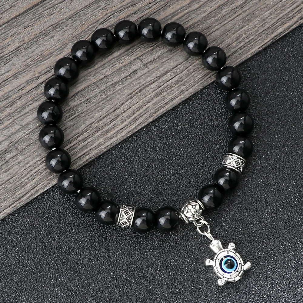 Classic Evil Eye Hand of Fatima Bracelet for Women Men Turkey Thousand Eyes Wish Black Onyx Beads Bangle Couple Bracelet Jewelry