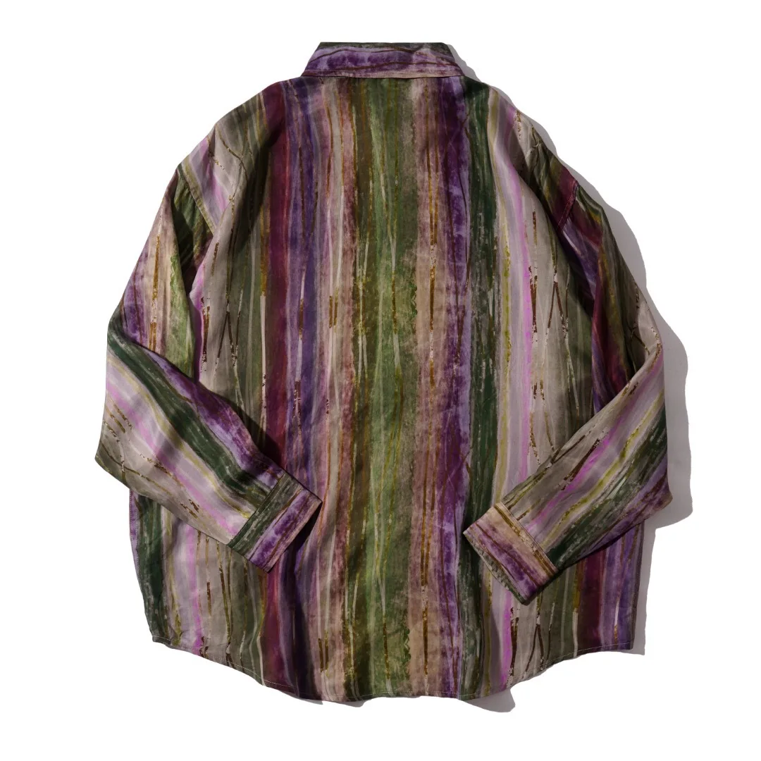Copper-amine silk-viscose blended shirt with retro tie-dye striped design - long-sleeved shirt for men and women, suitable