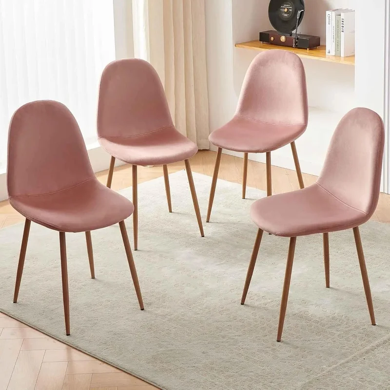 

Set of 4 Dark Rose Velvet Upholstered Dining Chairs with Faux Wood-Grain Metal Legs