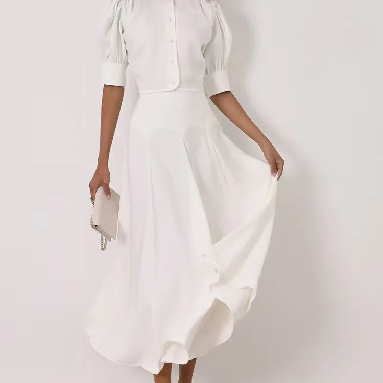 Fashionable Short Sleeve Top And Skirt Set Elegant Student Uniform Work Outfit Two Piece Set round Neck Button up Style