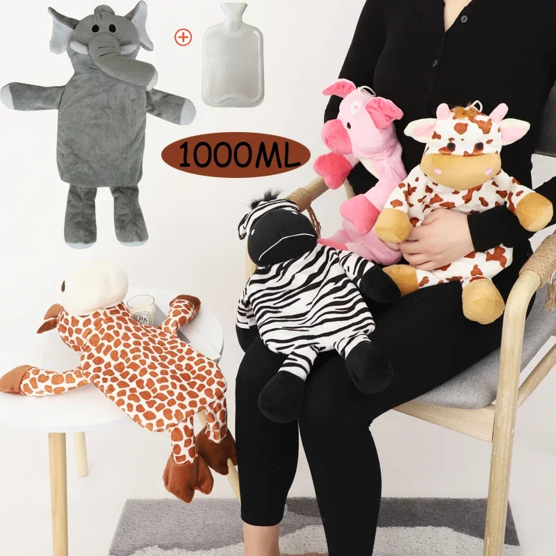 

1L Winter Cute Elephant Hot Water Bottle Plush Soft Animal Shape with Fluffy Cover Hand Foot Warming Heating Pad Children Gifts