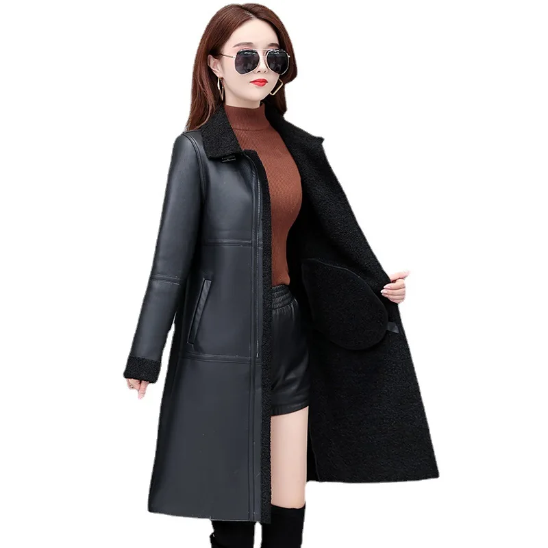 Femme 2023 inverno nova lapela de uma peça casaco de pele moda preto faux couro jaquetas femininas plus size longo velo grosso outerwear