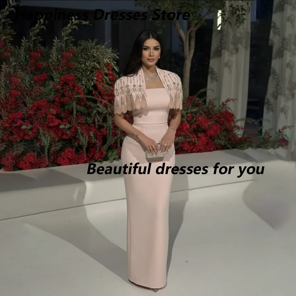 Customized Elegant Dusty Pink Sheath Mother Of Bride Dresses Strapless Square Neck With Crystal Beaded Cape Wedding Guest Dress