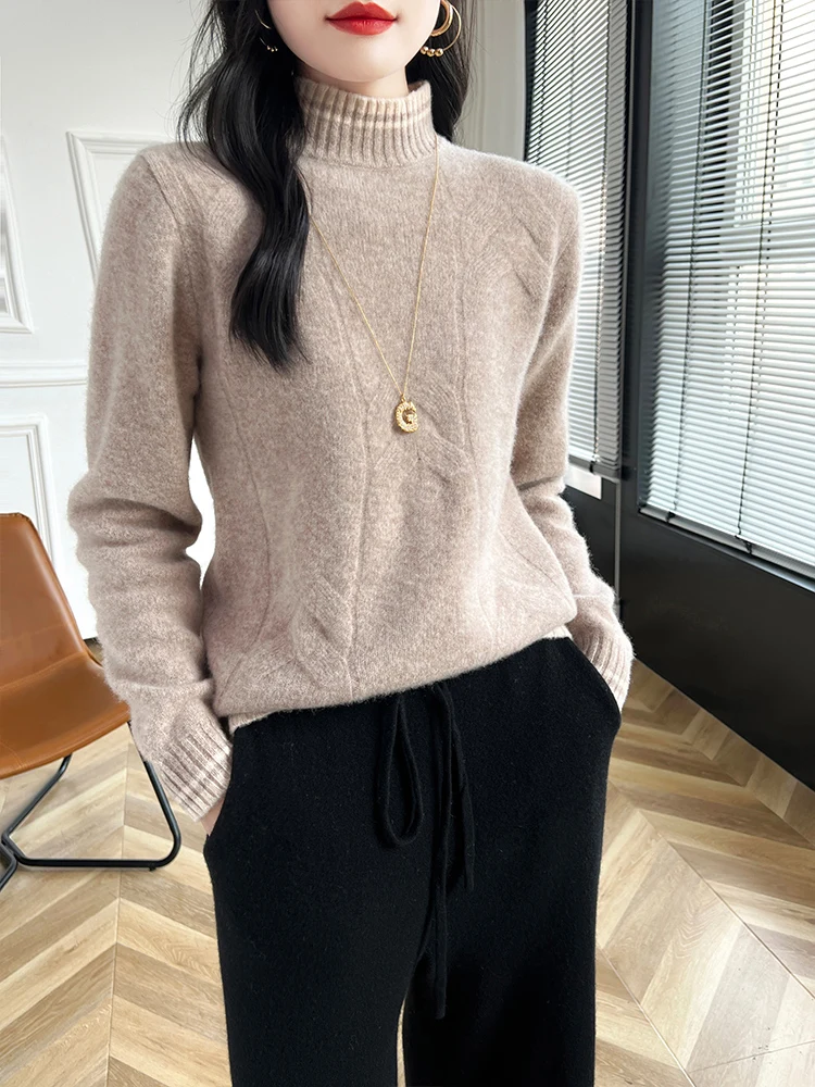 Women Mock Neck Pullover Autumn Winter  Cashmere Sweater 100% Merino Wool Knitwear Female  Soft Color Contrast Knitting New Top