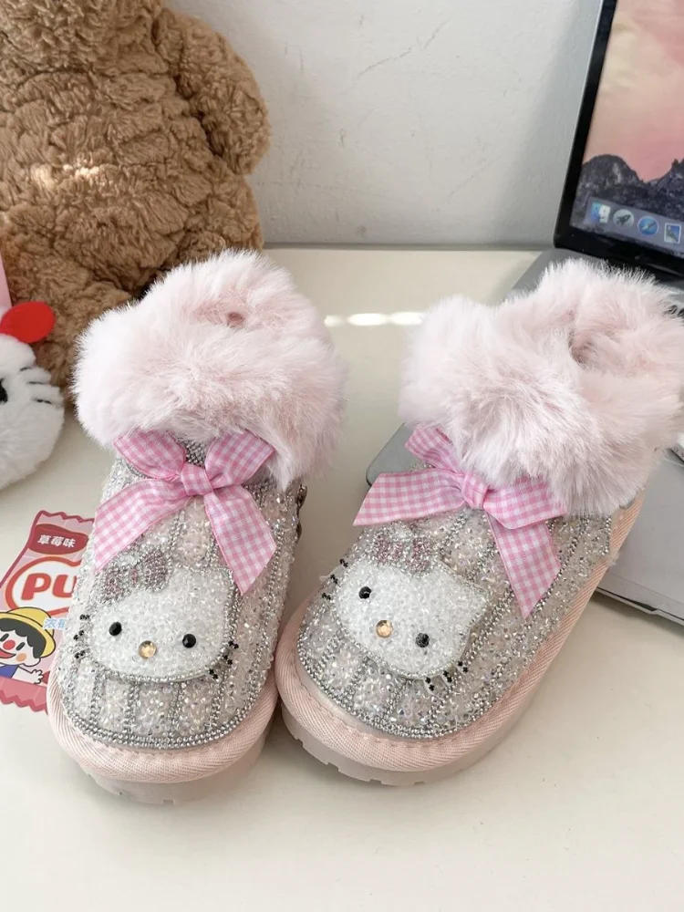 

Sanrio Hello Kitty Child Snow Boot Winter New Sequined Diamond Girl Velvet Boots Butterfly Bow Anti Slip Princess Short Boots