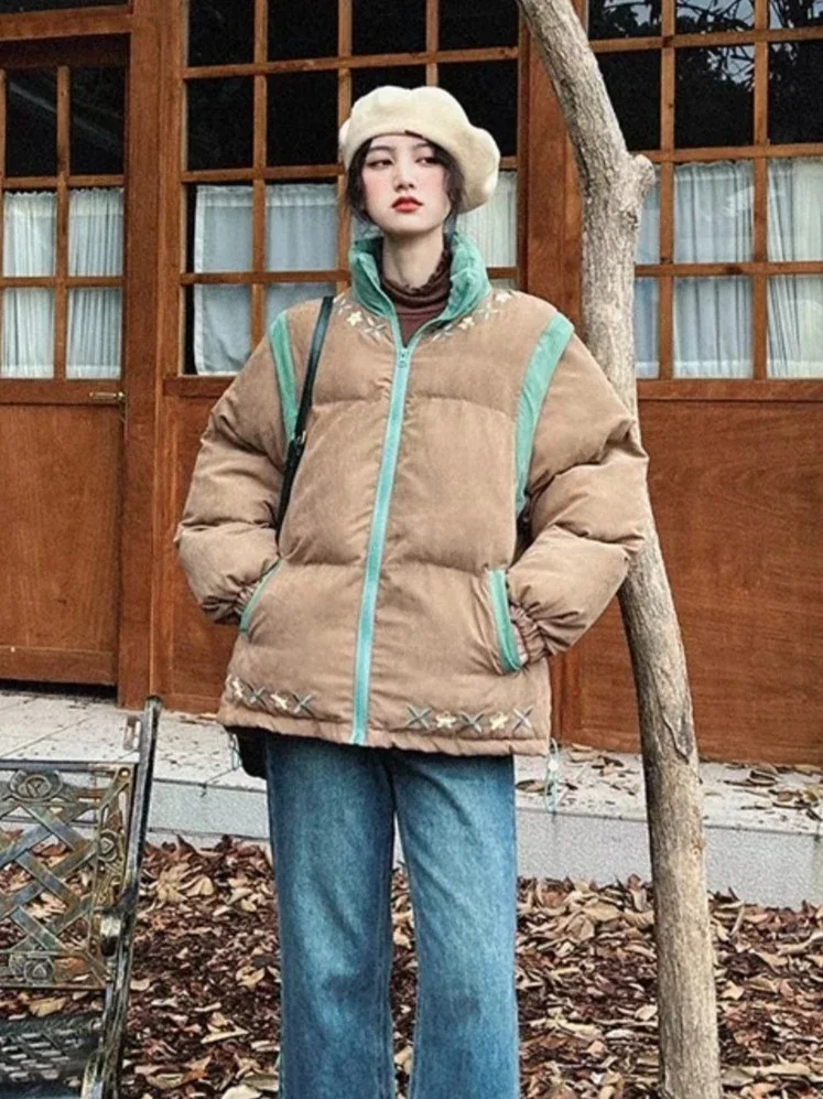 

Осенне-зимняя новая женская пуховая хлопковая куртка, свободная куртка с вышивкой