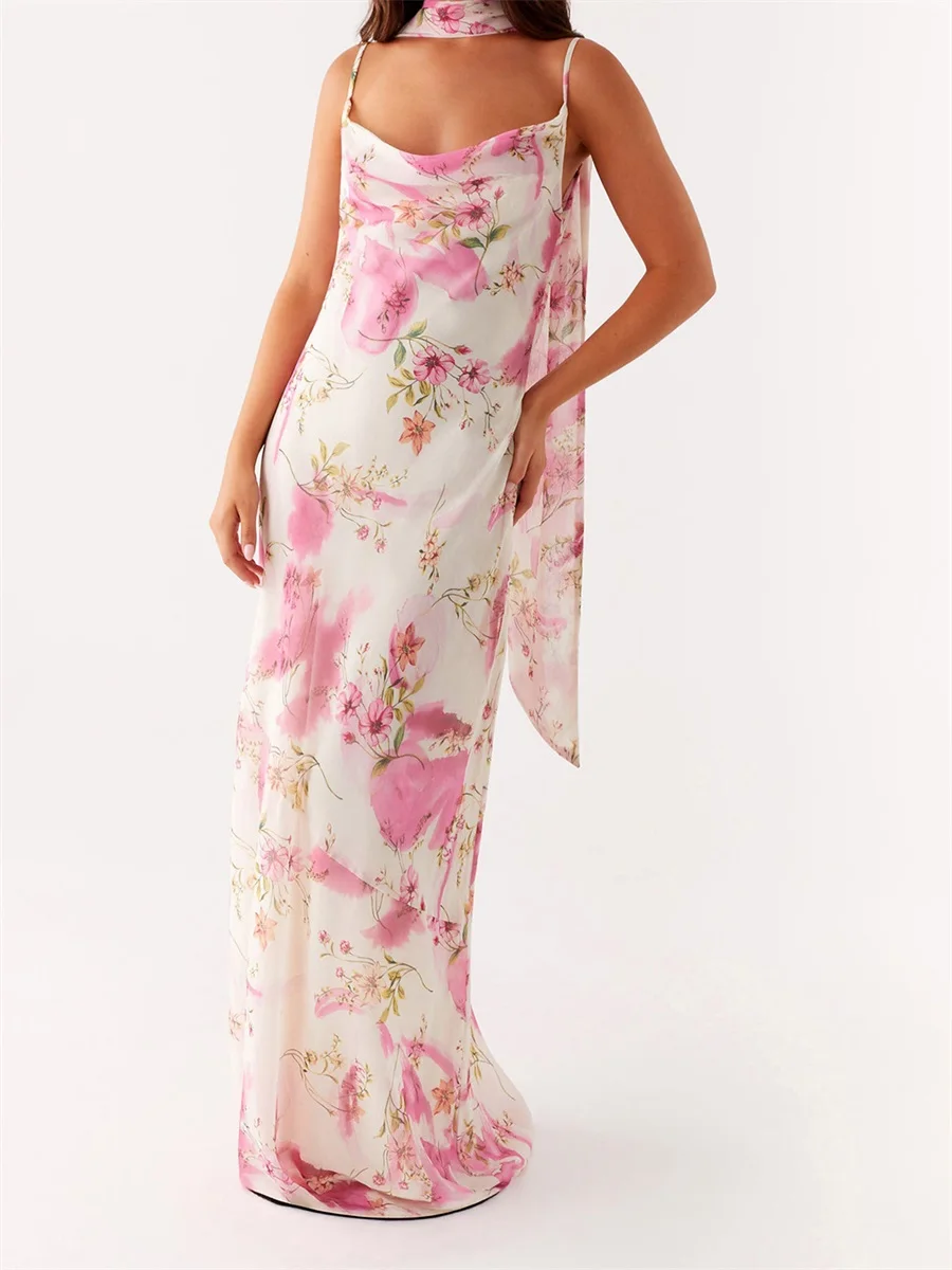 ผู้หญิงฤดูร้อน Cami ชุดสปาเก็ตตี้สายคล้องคอพิมพ์ลายดอกไม้ชุดยาวแฟชั่นชุดลําลองพร้อม Choker ผ้าพันคอ