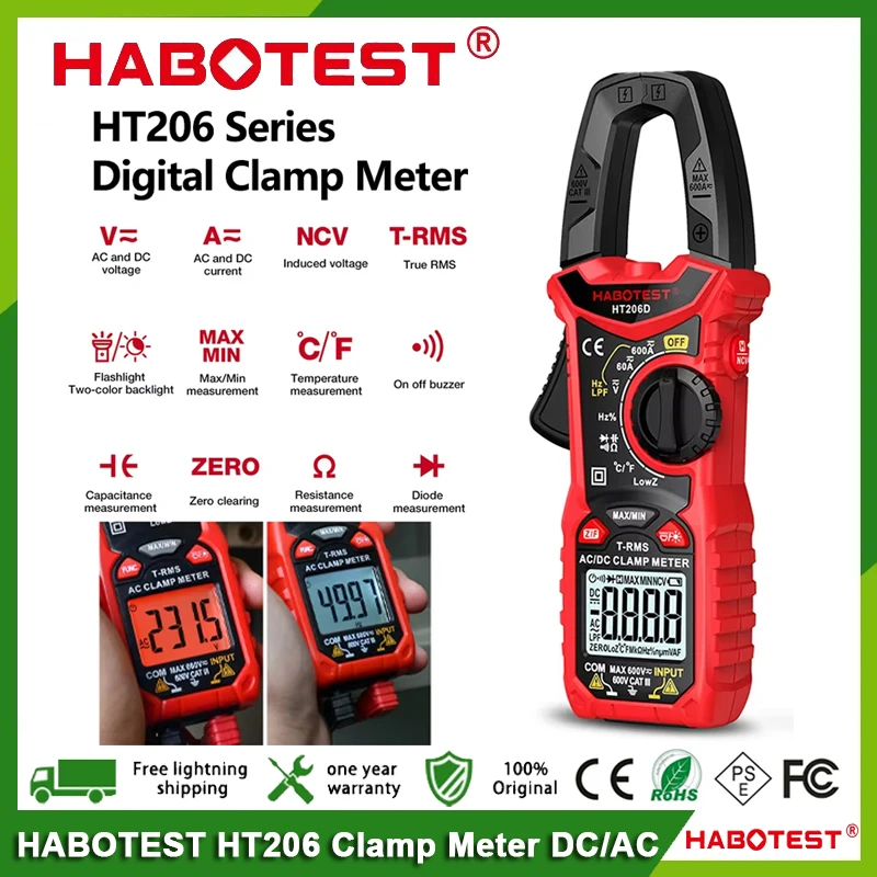 HABOTEST Clamp Meter HT206A HT206B HT206D 600A AC DC Current Two-color Backlight Hz Capacitance NCV Ohm Test Voltmeter Ammeter