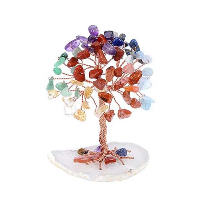 Copper Wire Wrapped Mini Natural Crystal Money Tree Agate Slice Base Stone Reiki Chakra Feng Shui Tree Home Decor Decoration