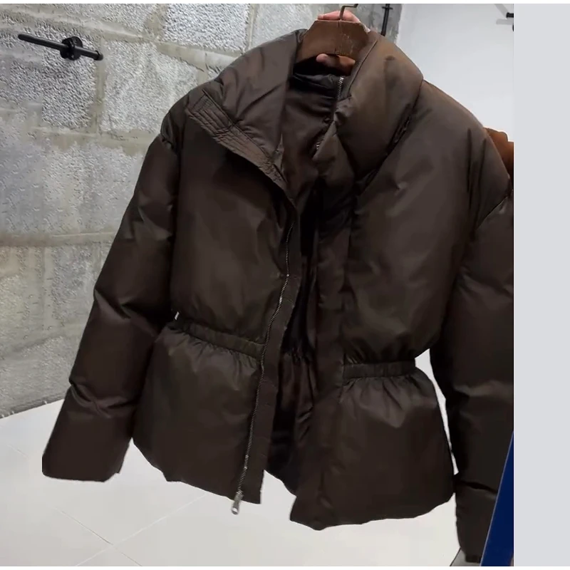 Glossy Stand‑Collar Drawstring Waist Back Zip‑Up Puffer Coat 2026 Winter Women Warm Padded Jacket Trendy Lady Cotton‑Padded Coat