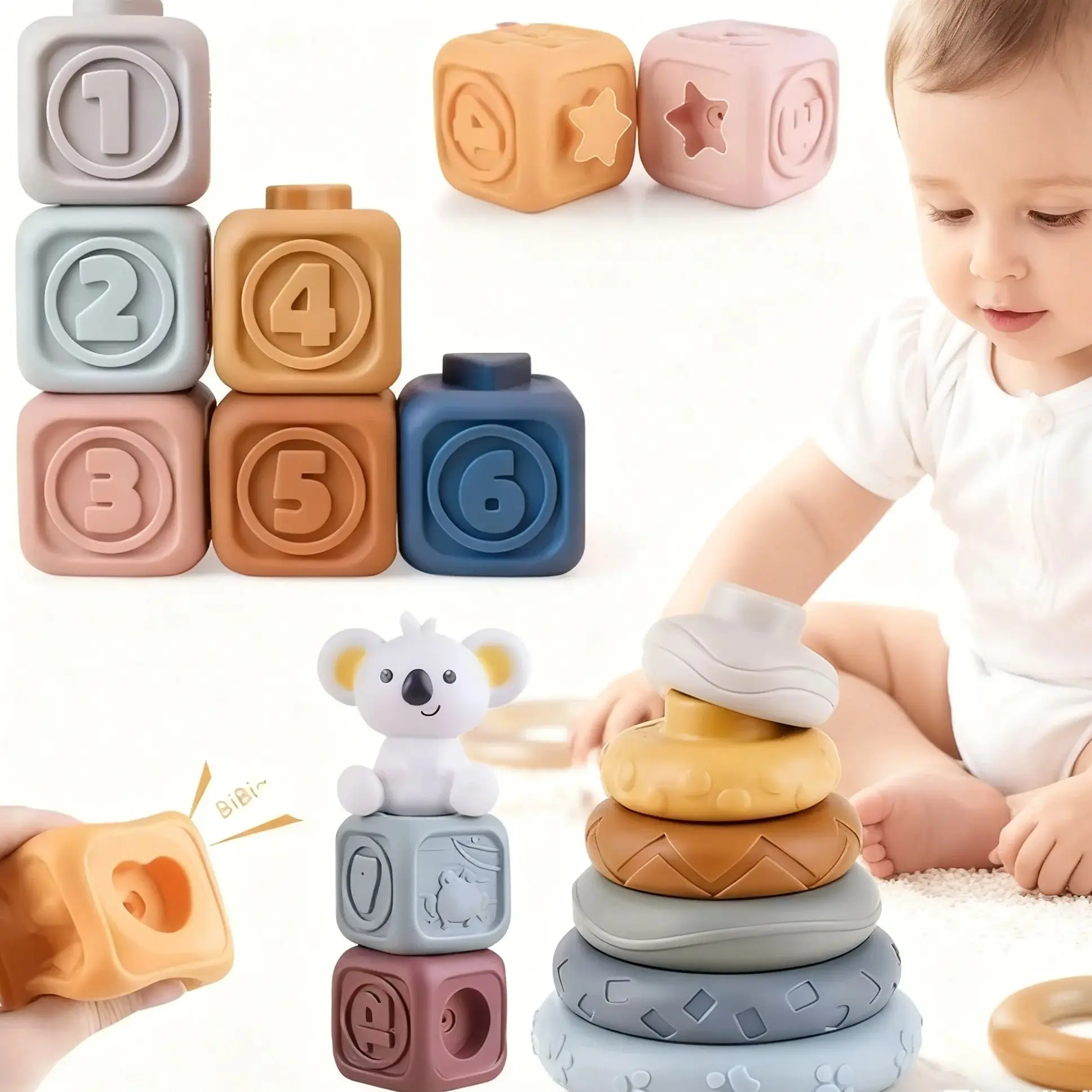 บล็อกซิลิโคนสำหรับเด็ก ของเล่นมอนเตสซอรี่สำหรับเด็กวัยเตาะแตะ ของเล่นเสริมพัฒนาการ ของเล่นเขย่ามือ ของเล่นเสริมทักษะการเรียนรู้สำหรับเด็กหญิงและเด็กชาย