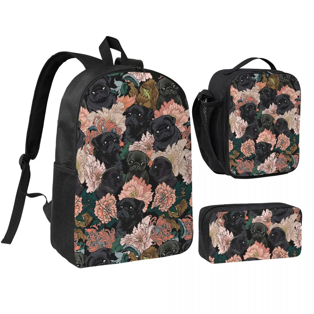 

Because Black Pug Backpack Student Boys Girls BookBag School Bag Computer Shoulder Bags 3ps Insulated Lunch Bag Pencil Case