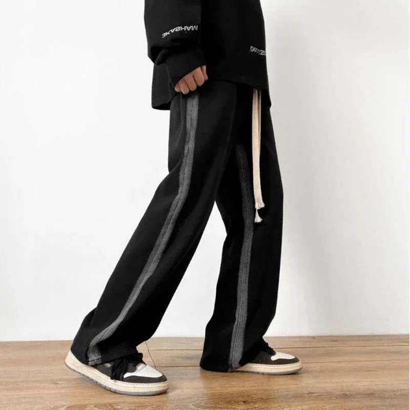 

Джинсы мужские повседневные свободные модные полосатые весенние универсальные на шнурке High Street мужские в корейском стиле прямые простые оверсайз ретро