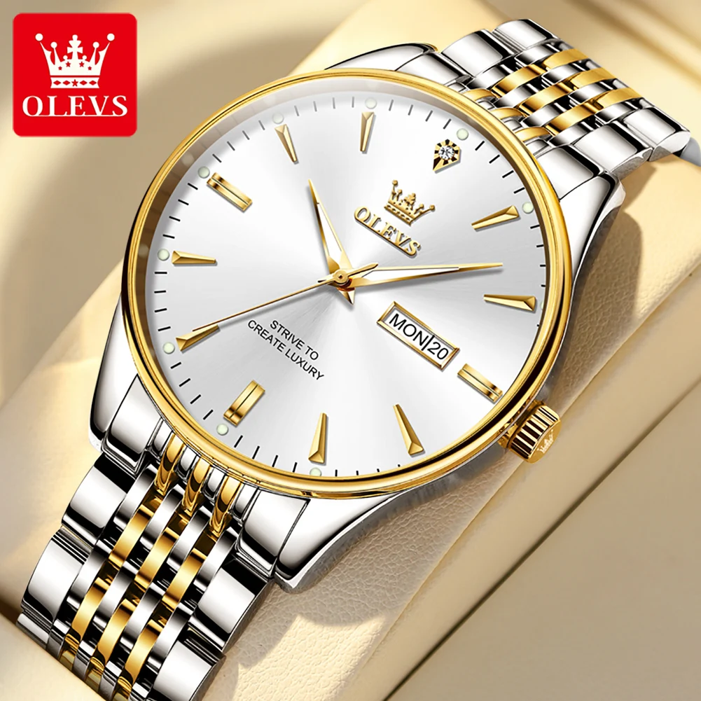 OLEVS 2929 Herrenuhren Original Klassisch Doppelkalender Leuchtend Wasserdicht Quarz-Armbanduhr für Herren Business