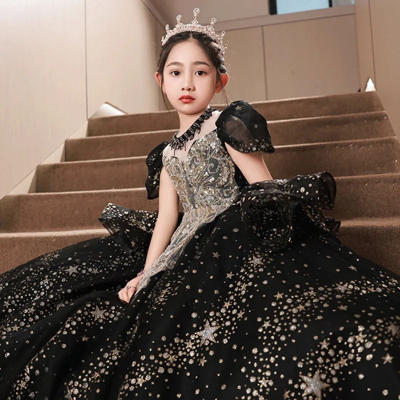 Kid Clothes 2025 Summer Sequin black Baby Girl Dress 1st Birthday Party Wedding Dress For Girl Palace Princess Evening Dresses